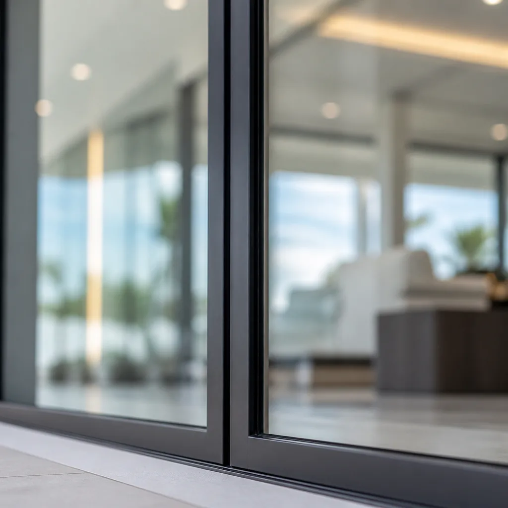 Modern black framed impact glass doors installed in a contemporary home